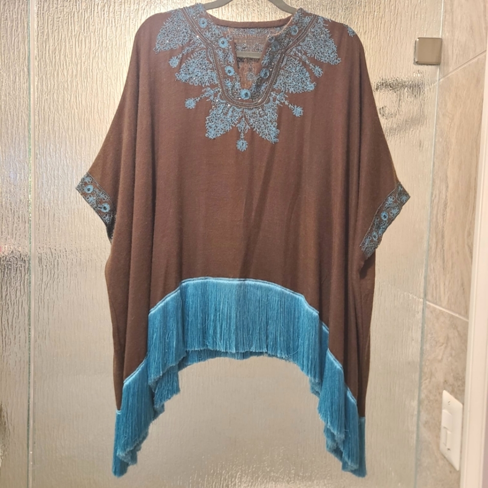 Embroidered Fringe Poncho